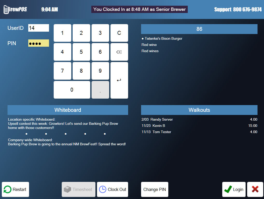 The BREW POS login screen with the User ID and PIN boxes, a keypad, and Clock In, Clock Out, Timesheet and Change PIN along the bottom