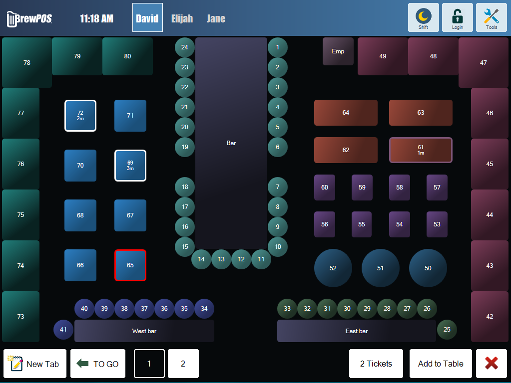 The tables screen. Each outline color is a table state