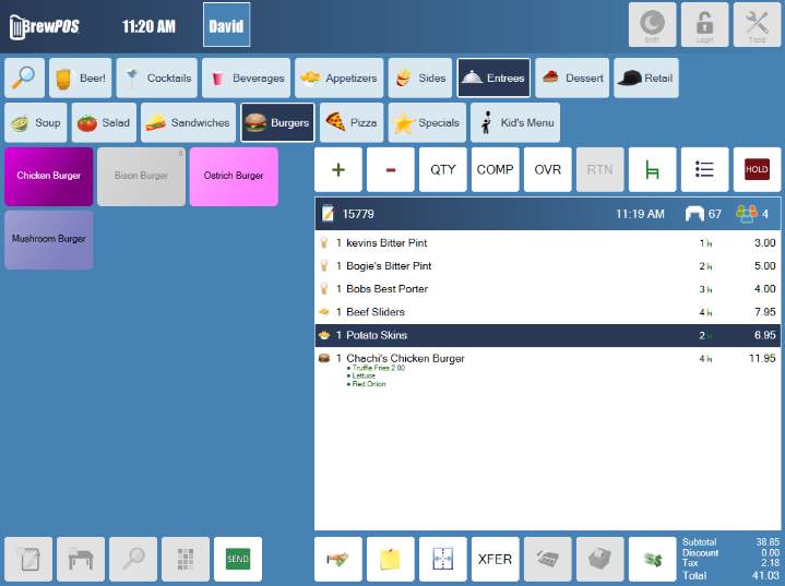 The BREW POS order screen with categories across the top, product buttons in the middle and the ticket on the right