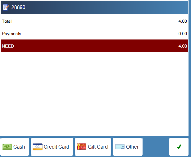 The payment window showing the total, payments and the amount still needed, with Cash, Credit Card, Gift Card and Other along the bottom