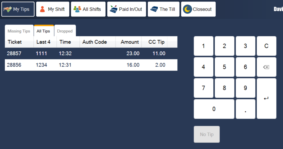 The My Tips tab listing card payments with their amount and tip, and a keypad on the right
