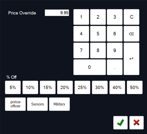 Type a price, or pick a percentage. The row underneath holds your own discount buttons
