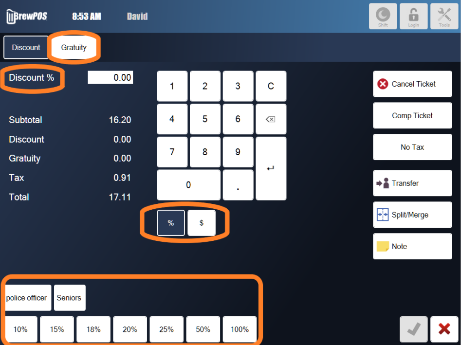 The More screen with a discount keypad, the percent and dollar buttons, Cancel Ticket, Comp Ticket, No Tax, Transfer and Note, and preset discount buttons along the bottom