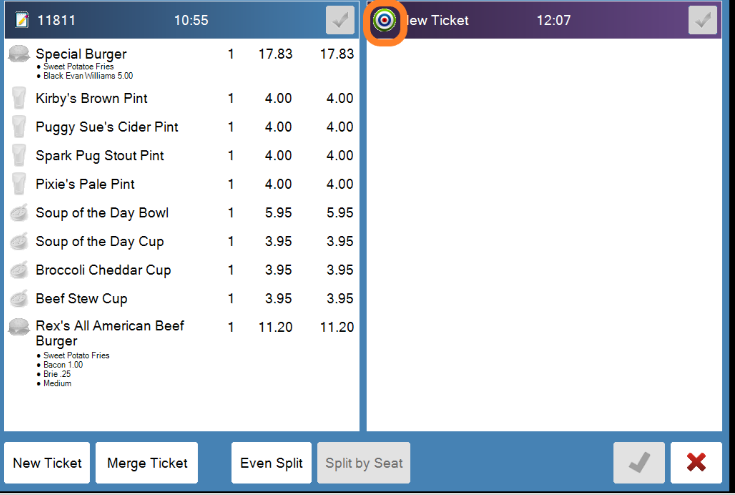 The split screen. The target on the right-hand ticket shows where items will go