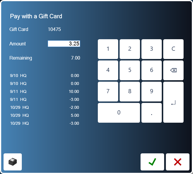 Paying 3.25 from a card with 7.00 on it