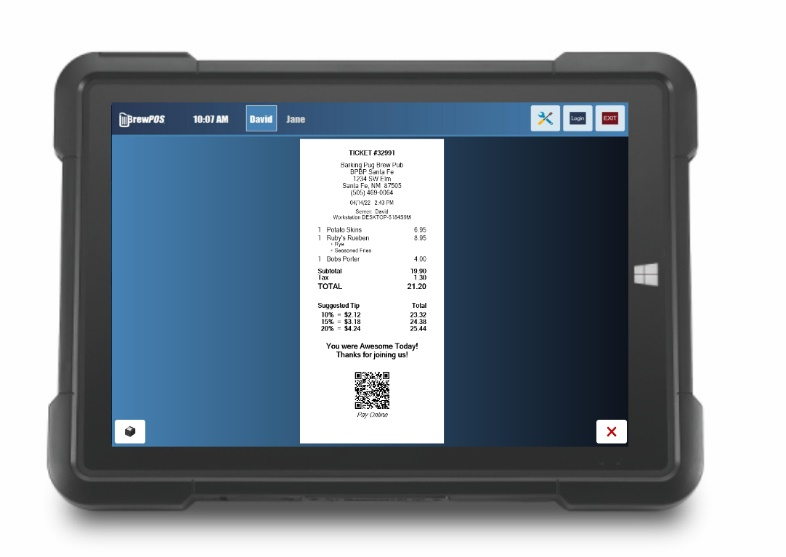 The check on a server's tablet, with the QR code at the bottom