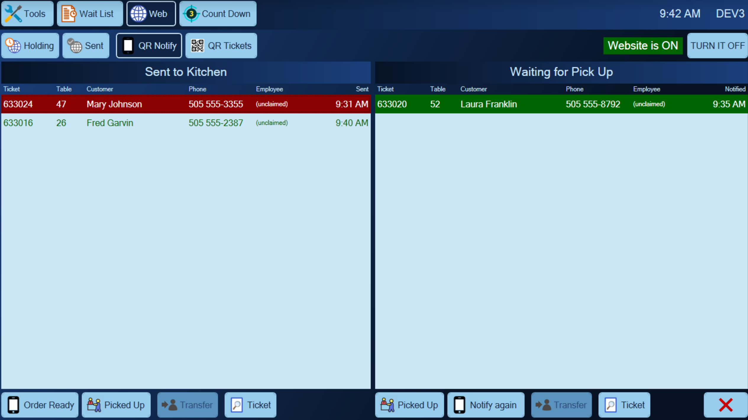 Orders in the kitchen on the left, customers told to collect on the right