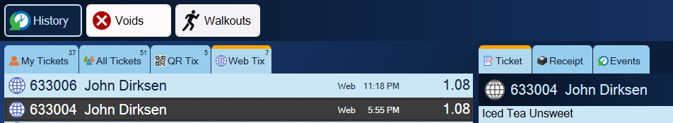 The Web Tix and QR Tix tabs in History