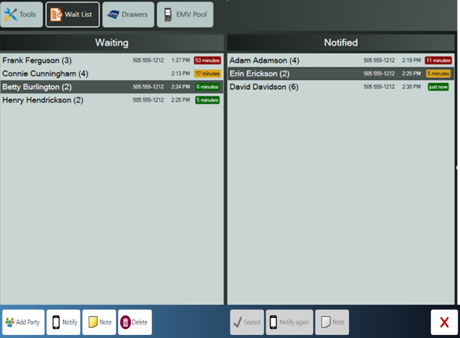 The wait list screen: Waiting on the left, Notified on the right