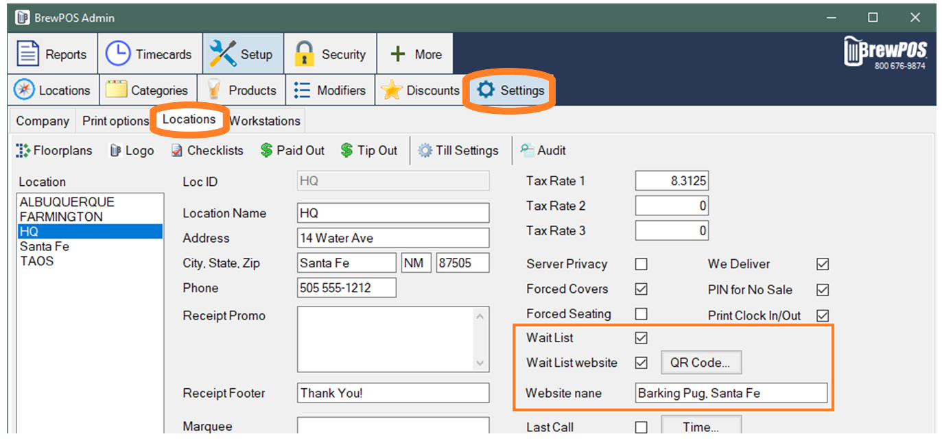 The wait list settings on a location in BREW POS Admin