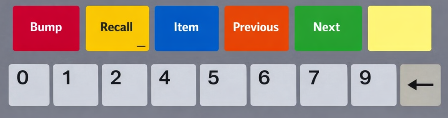 The current bump bar: Bump, Recall, Item, Previous and Next along the top, number keys and an arrow key along the bottom