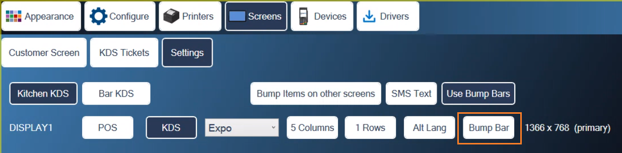 The Bump Bar button on the KDS Screens settings