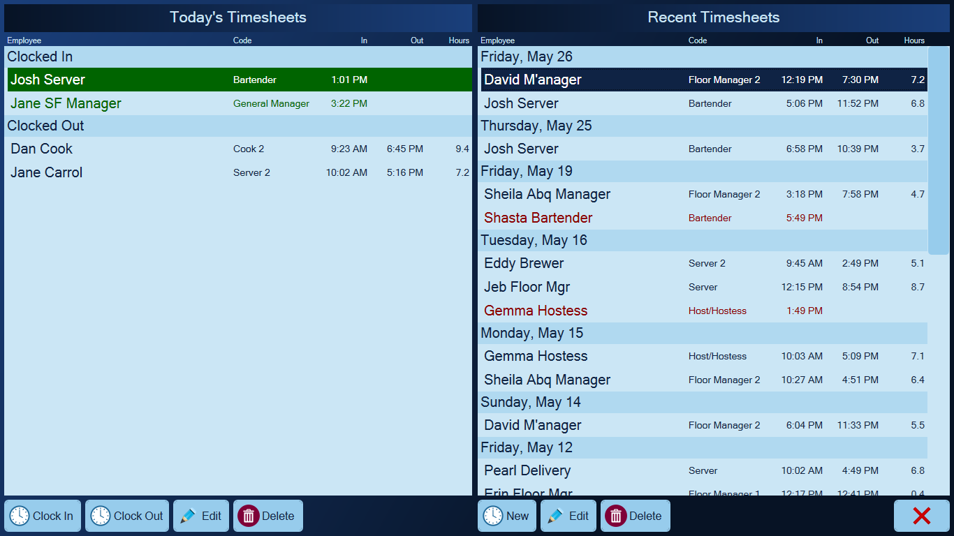 The timesheets screen: today's timesheets on the left, recent ones on the right