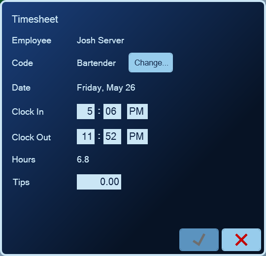 A timesheet open for editing, with job code, clock in and out times and tips