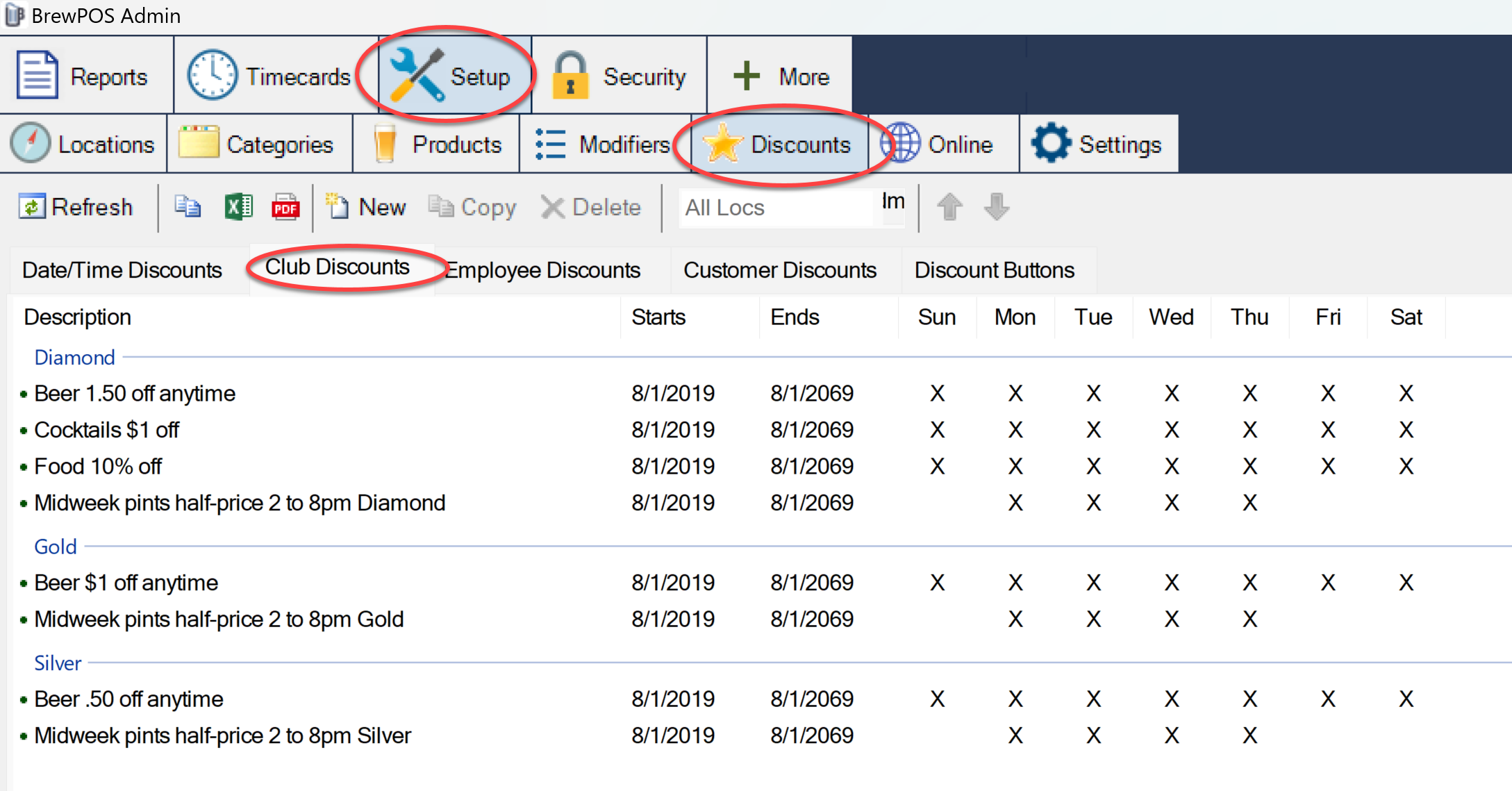 BREW POS Admin with Setup, Discounts and the Club Discounts tab circled