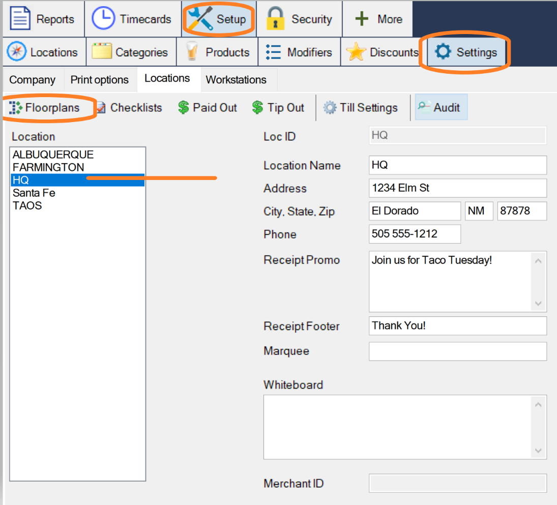 Setup, Settings, Locations, then Floorplans with the location selected