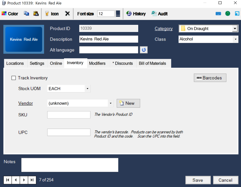 The Inventory tab of a product, with Track Inventory at the top left
