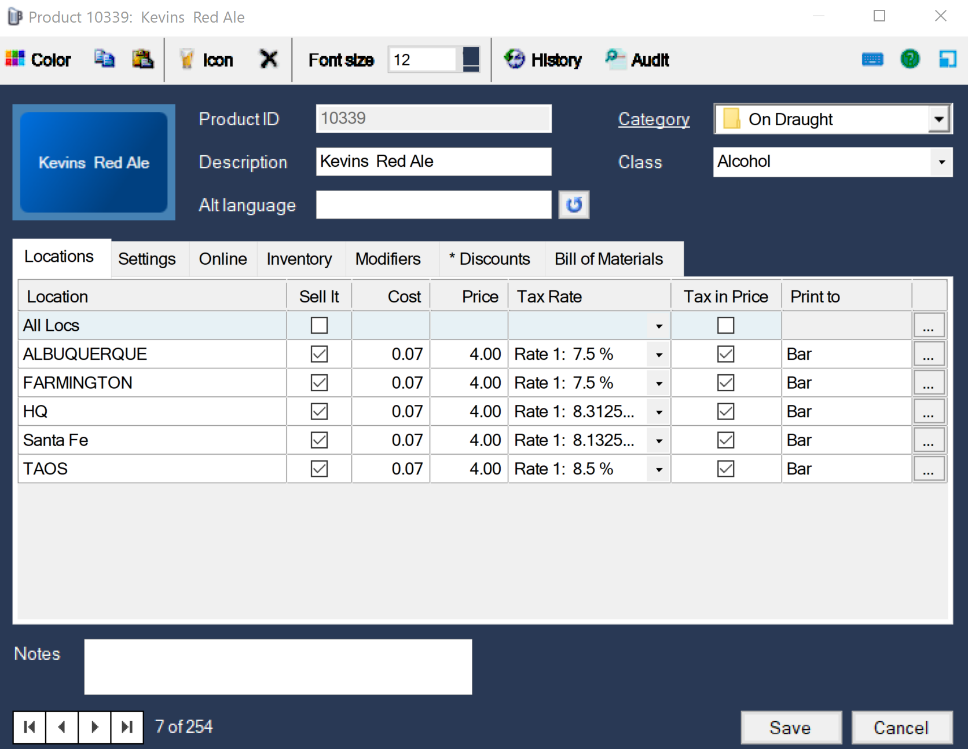 The Locations tab of a product, ticked to sell at every location for 4.00
