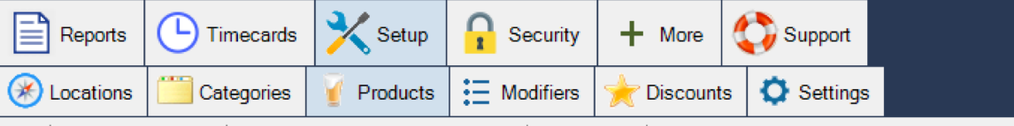 The Setup menu in BREW POS Admin, with Products