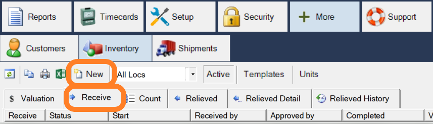 The Receive tab with the New button