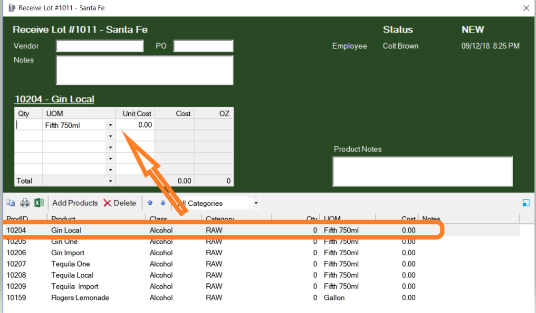 A lot with Gin Local selected and the Qty, UOM and Unit Cost grid above