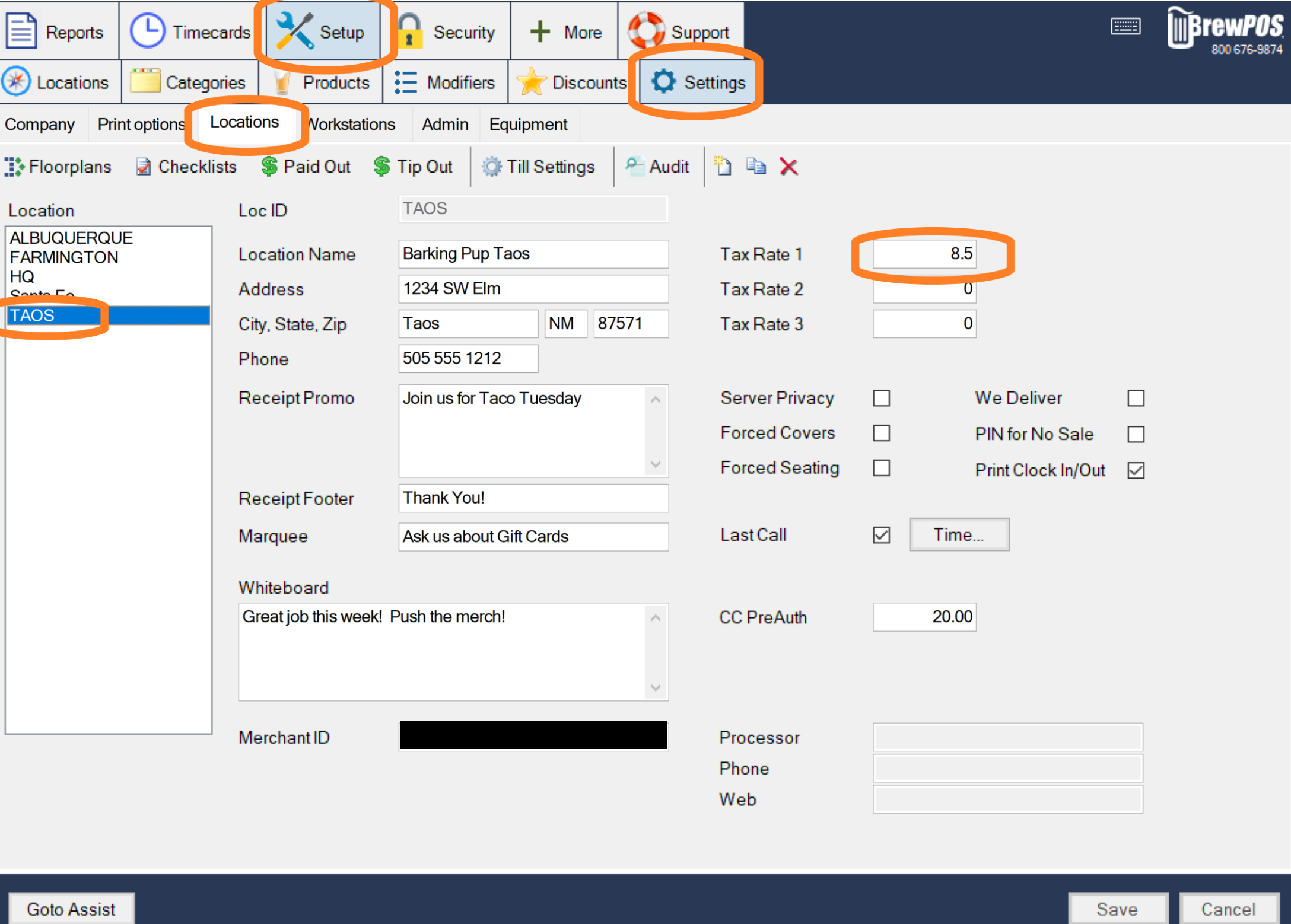The Locations settings for Taos in BREW POS Admin, with Tax Rate 1 marked