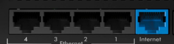 The back of the BrewPOS router, with four Ethernet ports and the blue Internet port