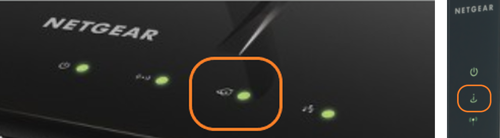 The front of two Netgear routers with the internet light circled