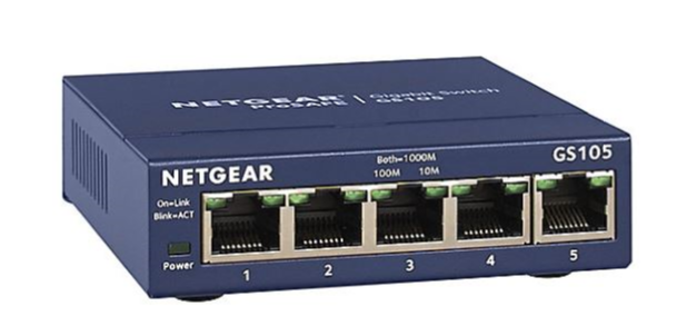 A blue Netgear five-port network switch with its power light at the bottom left