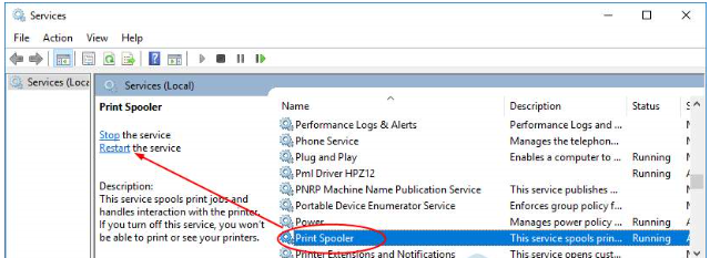 The Windows Services window with Print Spooler selected and the Restart link marked