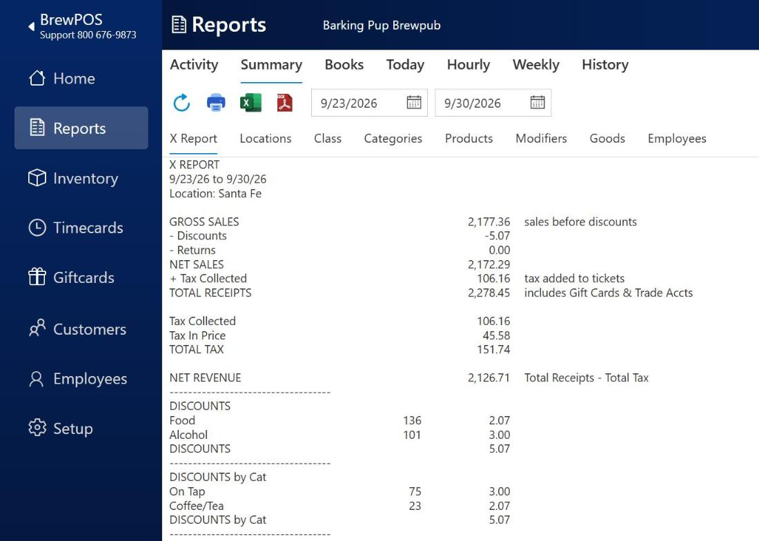 The Reports screen on the Summary tab with the X Report open