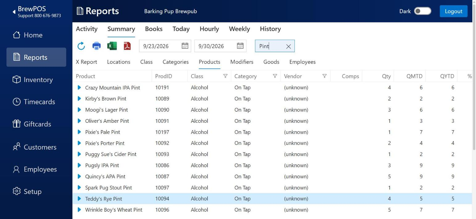 Summary, Products list filtered by searching for Pint