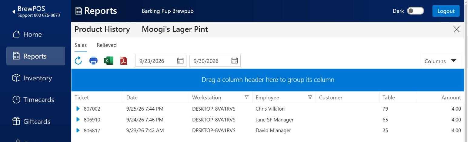 Product History for one product, listing each ticket it was sold on with the time, workstation, employee and table