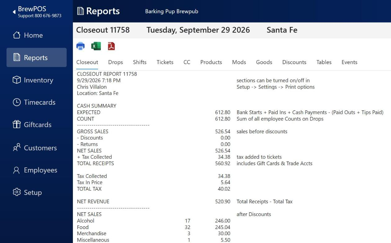One closeout report opened from the list, showing the cash summary and sales