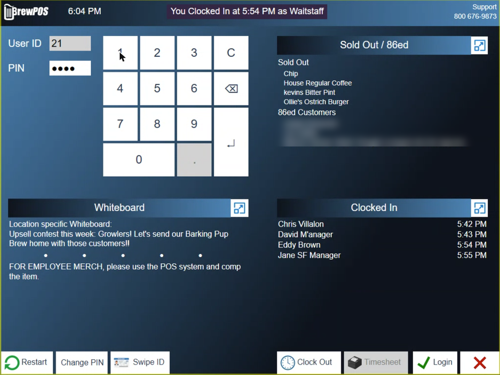 The login screen. Clock In, Timesheet, Change PIN and Login are along the bottom