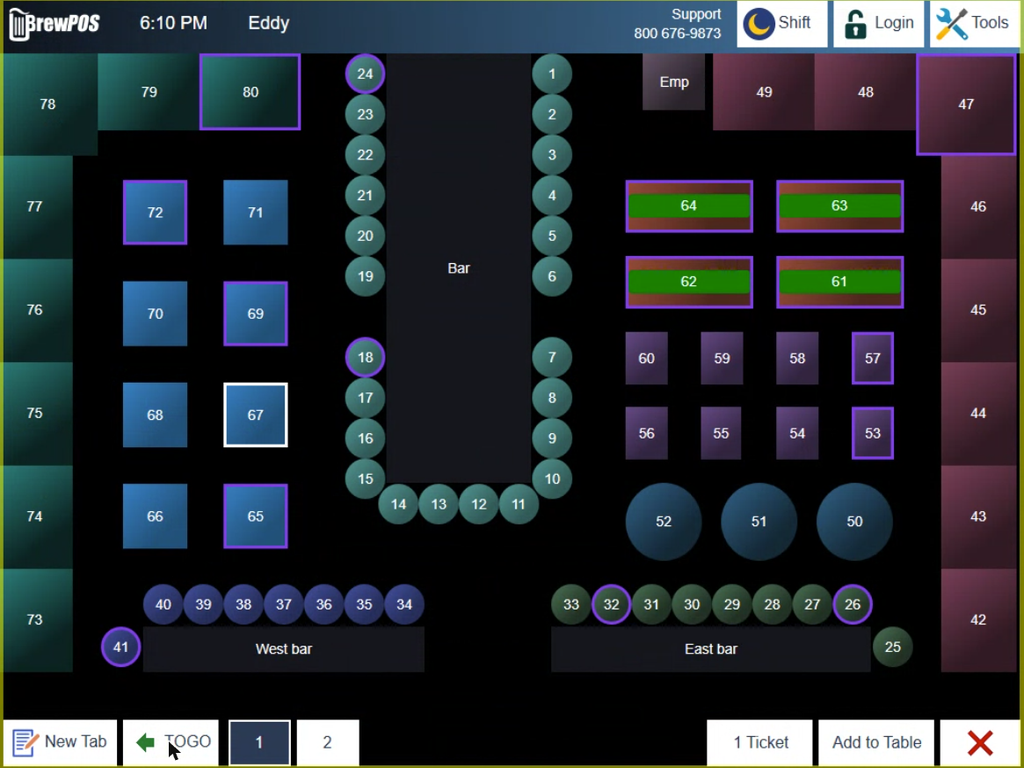 The tables screen, with your tables, other servers' tables and pool tables on the clock