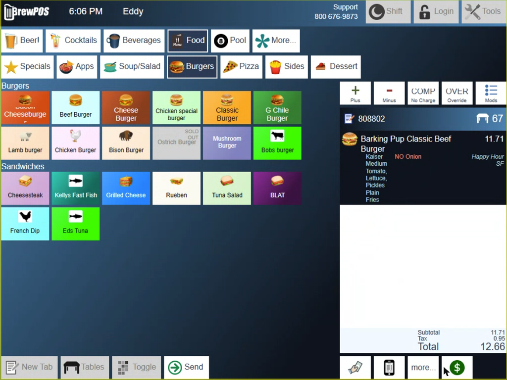The BREW POS order screen. Categories run across the top and the ticket is on the right