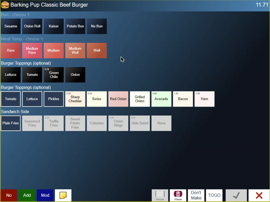 An item's modifier screen. No, Add and Mod are at the bottom left