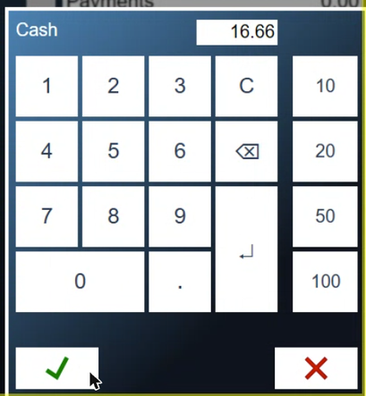 Cash. The quick buttons on the right enter a whole bill