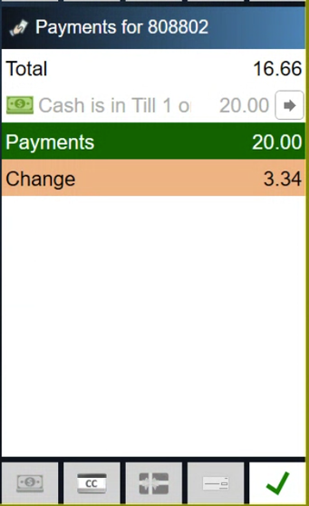 A cash payment changed to 20.00. The arrow on the payment line opens it again