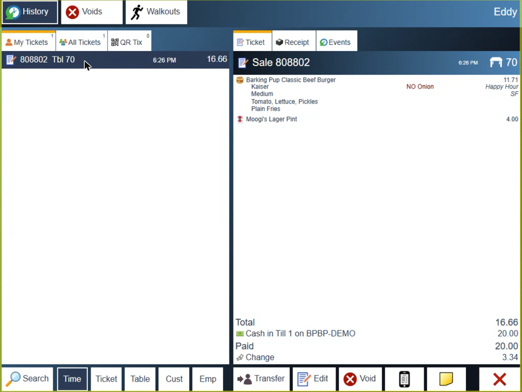 History, with Transfer, Edit and Void under the closed ticket