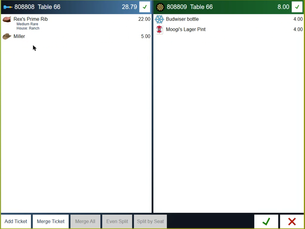 The split screen. Two items have moved to the new ticket on the right