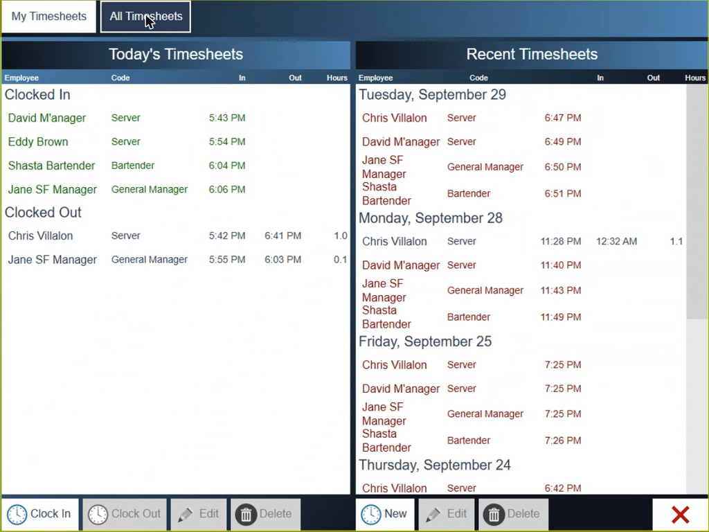 All Timesheets. Today on the left, recent days on the right