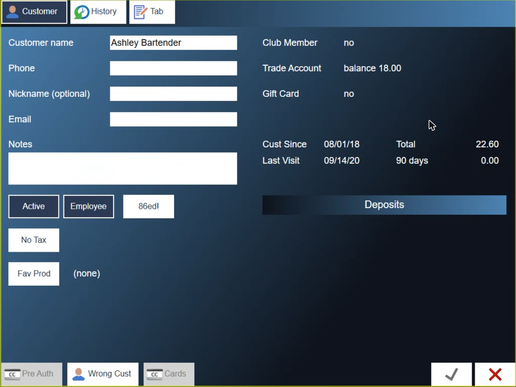 The customer record. Trade Account shows the balance