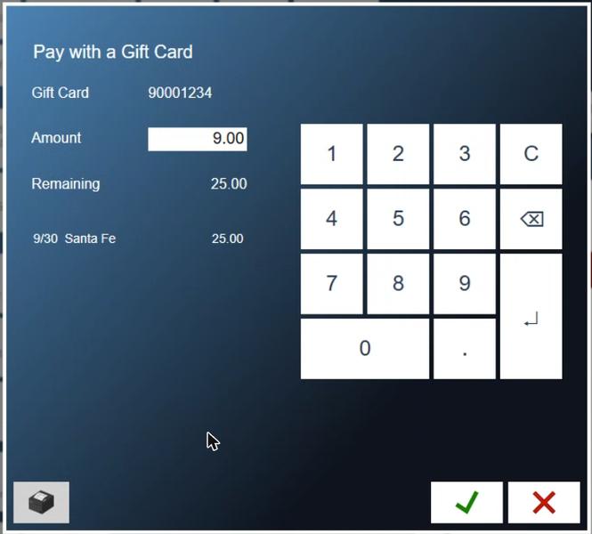 Paying 9.00 from a card with 25.00 on it
