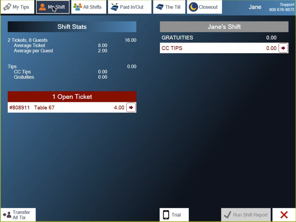 The My Shift tab, with an open ticket in red that has to be closed before the shift report