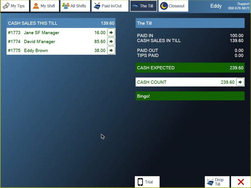 The Till tab, counted, showing Bingo! because the count matches Cash Expected
