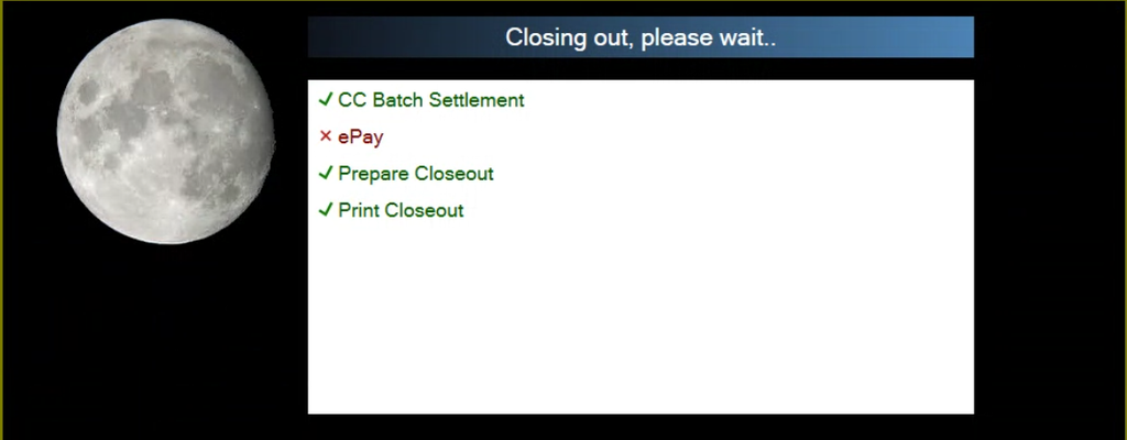 Closing out. ePay shows a red X on a system with no online payments