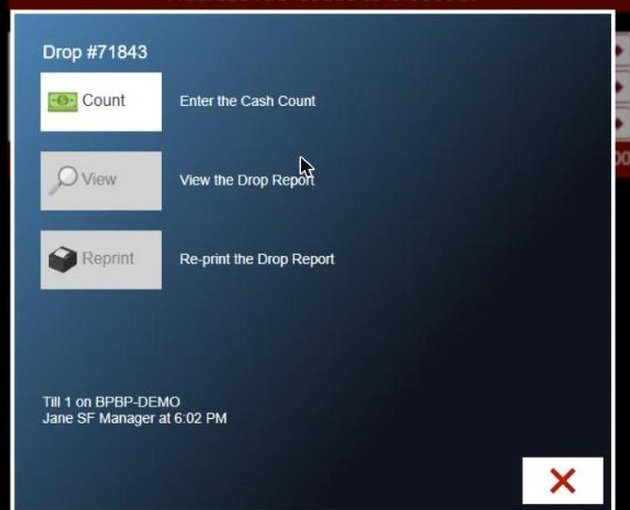The drop's options: Count, View the drop report, or Reprint it