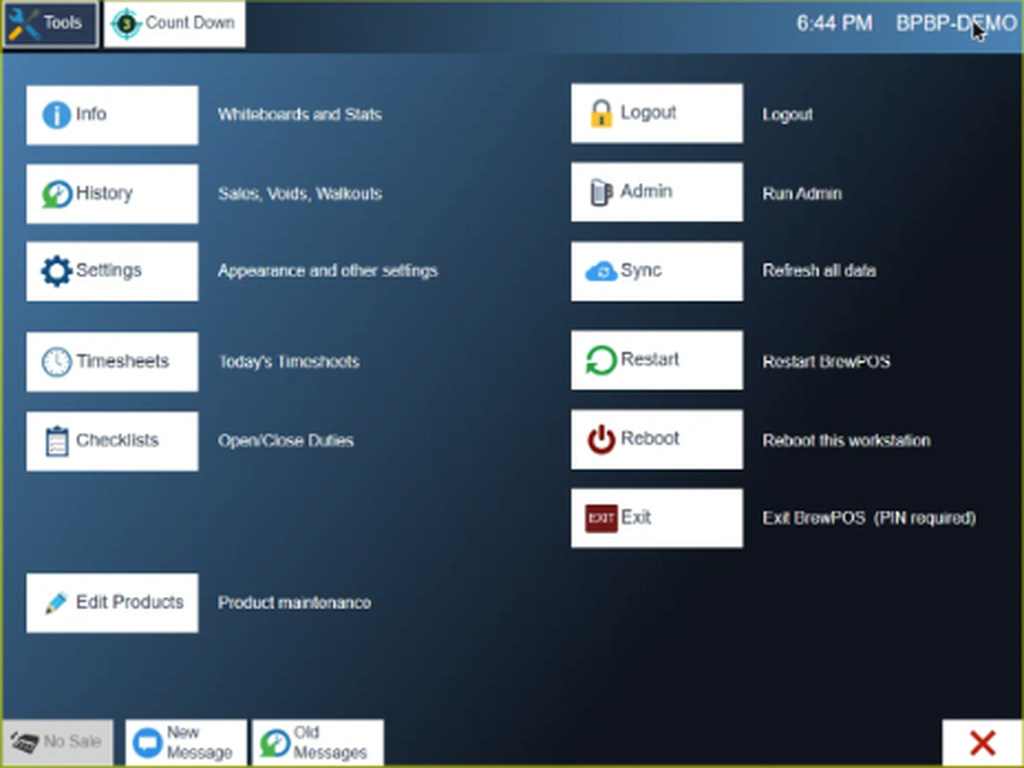 The Tools screen. Settings is on the left